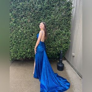 Sherri Hill Blue Sequin Open Back Prom Dress